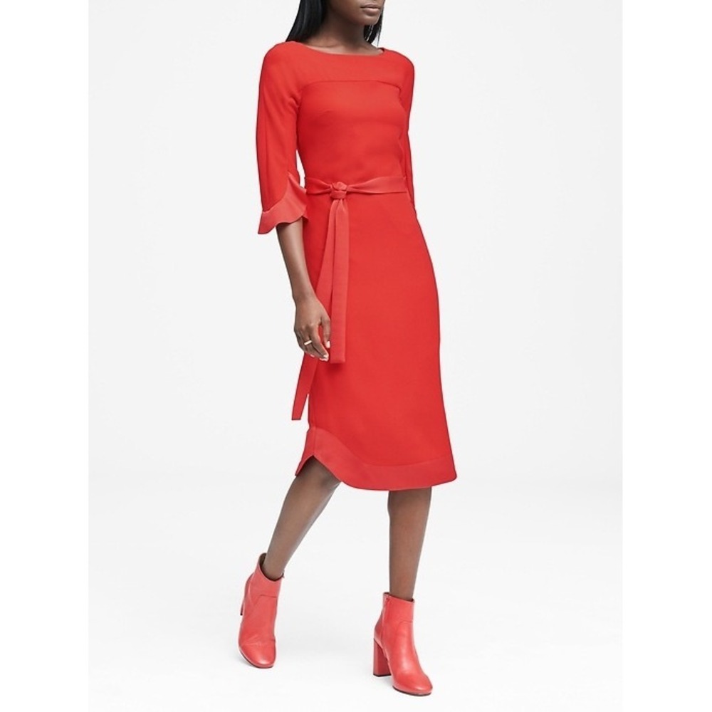 Banana Republic Red Dress Size 4 Women's Belted Ruffle Sleeve Sheath